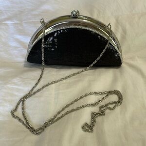 Pink Stix Black Sequin HardShell Evening Bag|Clutch with long silver metal chain